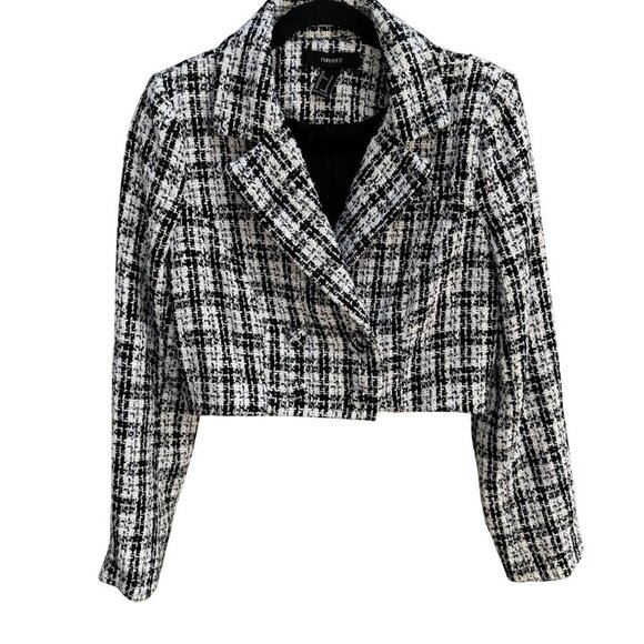 Forever 21 Womens Black White Tweed Cropped Double Breasted Blazer Jacket M - Picture 1 of 8